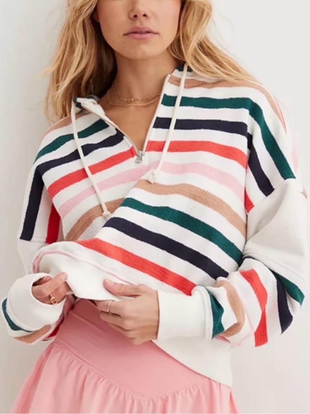 Aerie Restart Striped Quarter Zip Hoodie in White with Multicolor Stripes